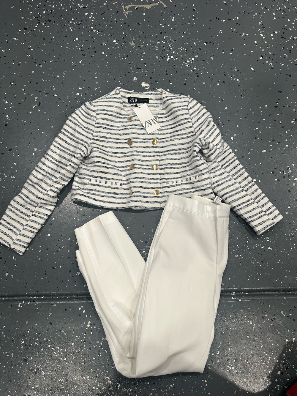 Zara Navy and White Striped Cropped Blazer with White Trousers